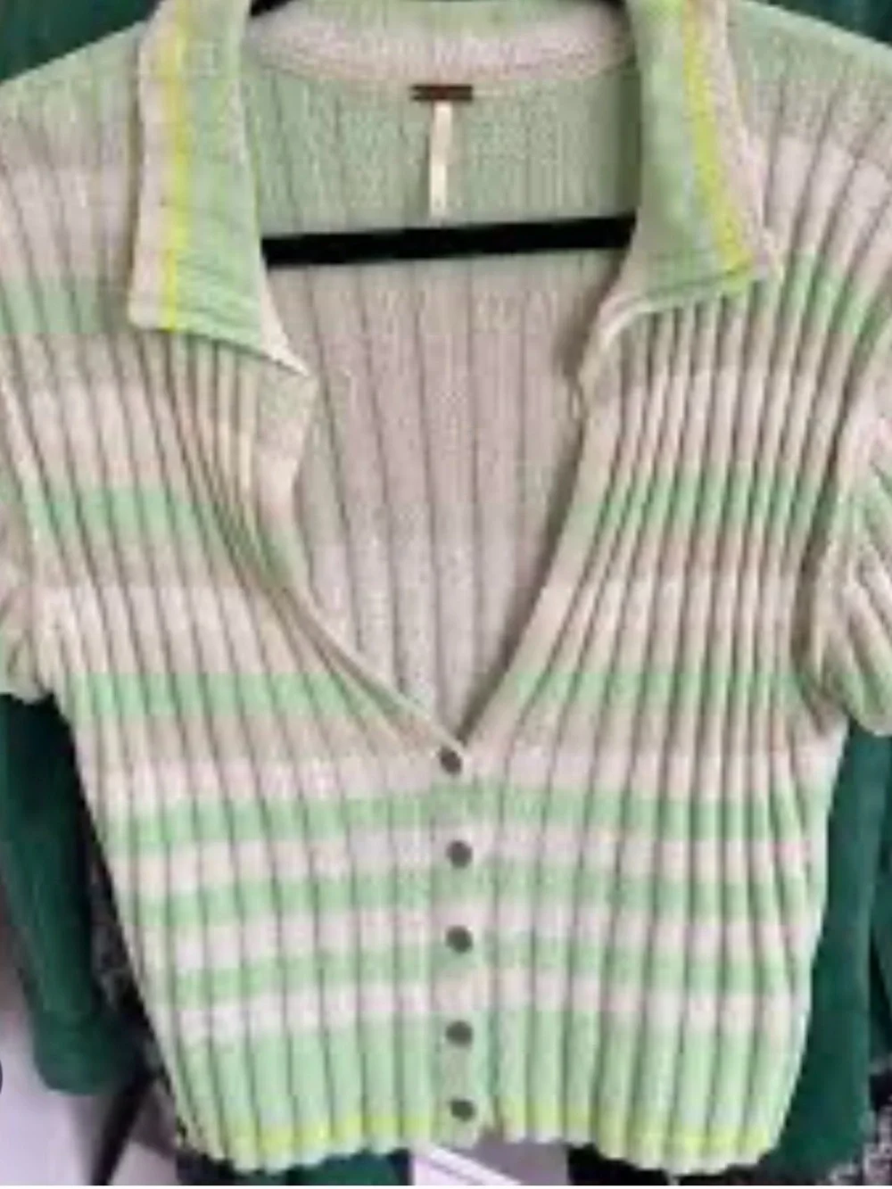 Free People Mint Green and Cream Striped Short-Sleeve Ribbed Cardigan